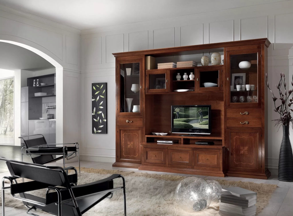 Parete attrezzata porta tv classica legno noce bassano l.300 p.54 h.222 (219) - Mobili 2G