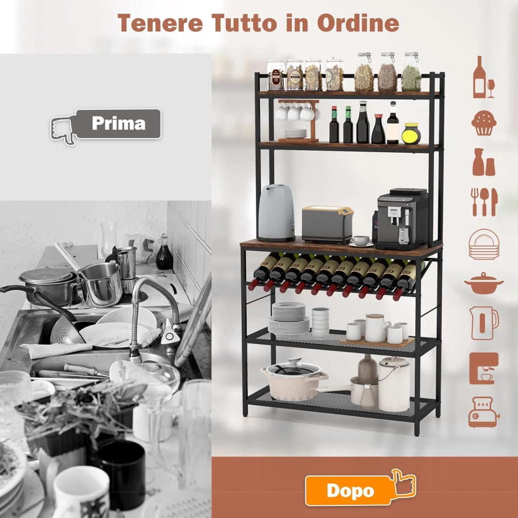 Scaffale da Cucina a 6 Ripiani con Portabottiglie, Scaffale Porta Microonde con Portabottiglie Inclinato e 2 Ripiani in Rete, per Cucina Sala da Pranzo, 90x35x165 cm,Carico 125 kg