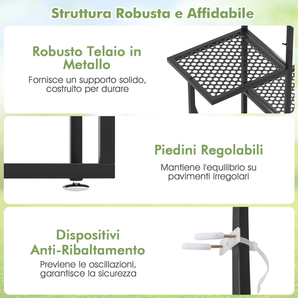 Scaffale Porta Piante a 6 Livelli, Scaffale per Vasi a Forma di Farfalla con 12 Ripiani in Rete Metallica e 4 Ganci, Mensola a Scala per Piante da Interno e Esterno (Nero)