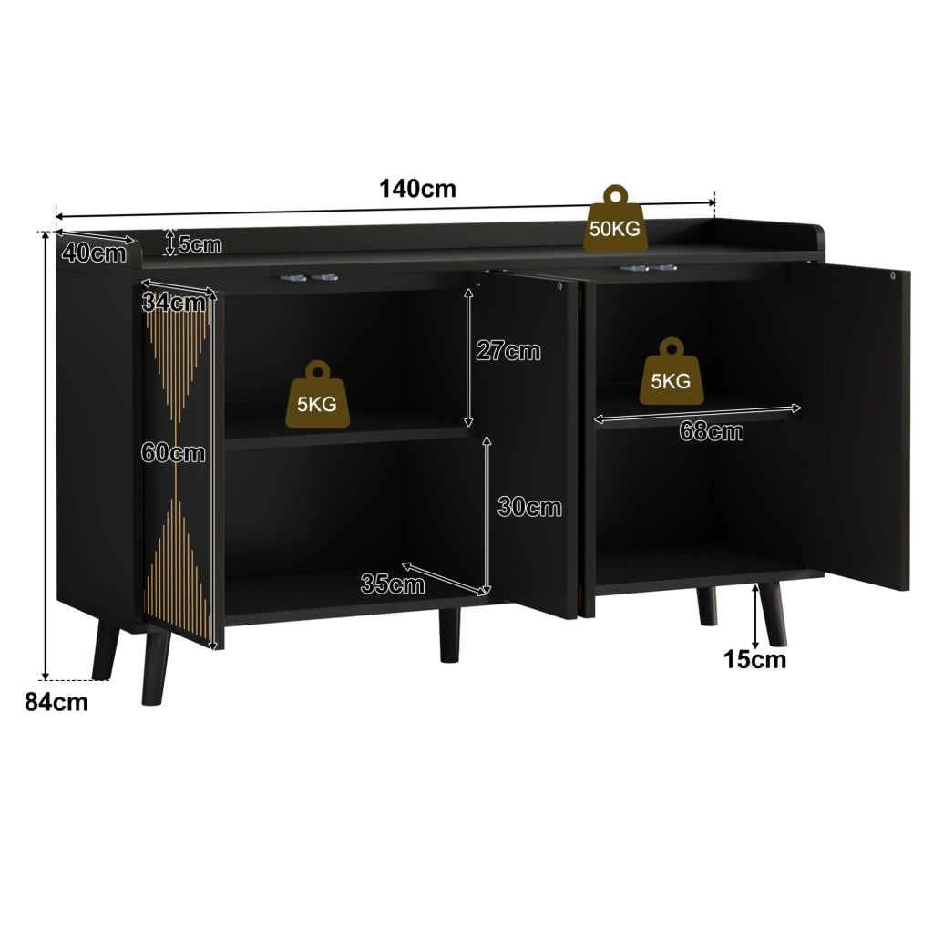 Credenza nera in MDF 140×40×84 cm con 4 ante e ripiani regolabili