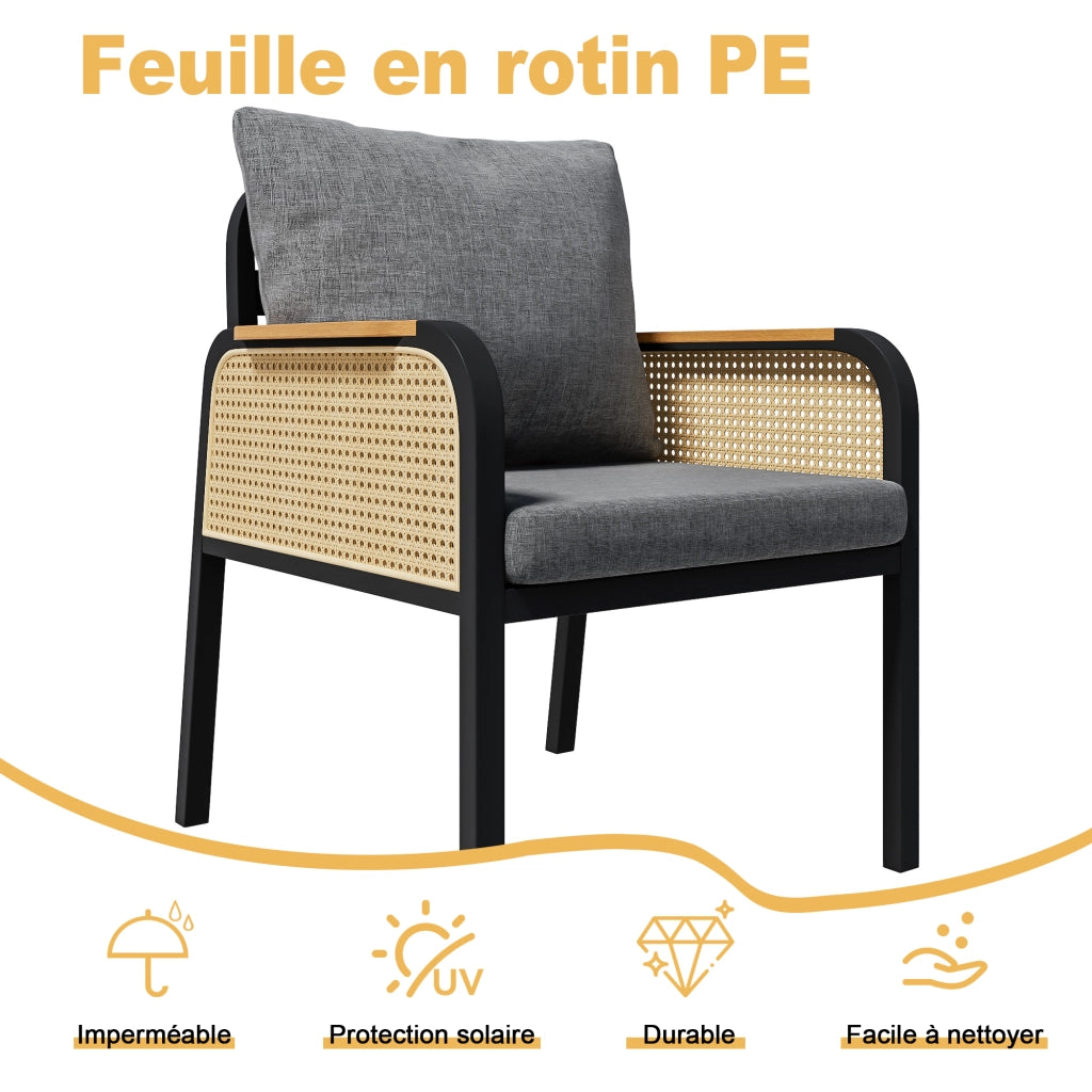 Tavolo e 6 Sedie da Giardino con Cuscini e Braccioli in Rattan; per 6 Persone e Terrazza; Ferro e Poliestere; Nero e Naturale