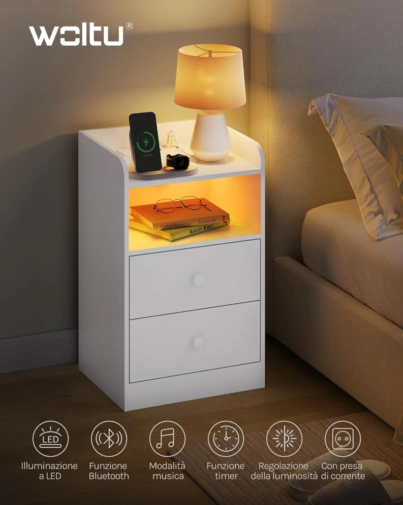 Set di 2 Comodino con Stazione di Ricarica, Prese, Porte USB, Tavolino con Luci LED Regolabile, Cassettiera con Cassetti e Scomparto, 40x35x64cm, per Camera da Letto, in Legno, Bianco NTS07ws-2