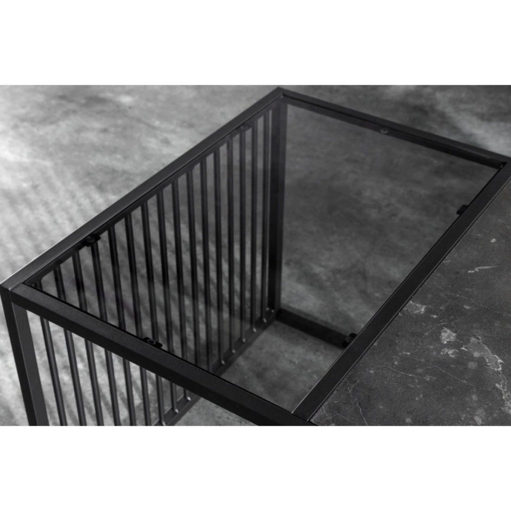 Tavolino basso ABITTA rettangolare 100 cm nero e vetro fumé – Moderno con piano misto MDF effetto marmo e vetro temperato