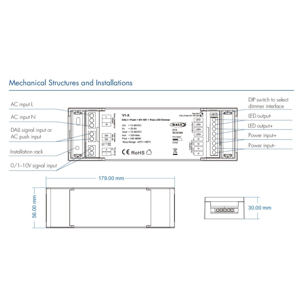 Led Dimmer DALI-2 AC Push Triac 0/1-10V, Pulsante NO, 12V 24V 36V 48V 20A, 1 Canale Tensione Costante, per Strisce LED Monocolore, V1-X
