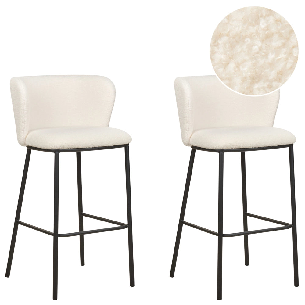 Set di 2 sedie da bar Rivestimento in bouclé bianco Gambe in metallo nero Sgabelli senza braccioli Schienale curvo Sala da pranzo moderna Cucina
