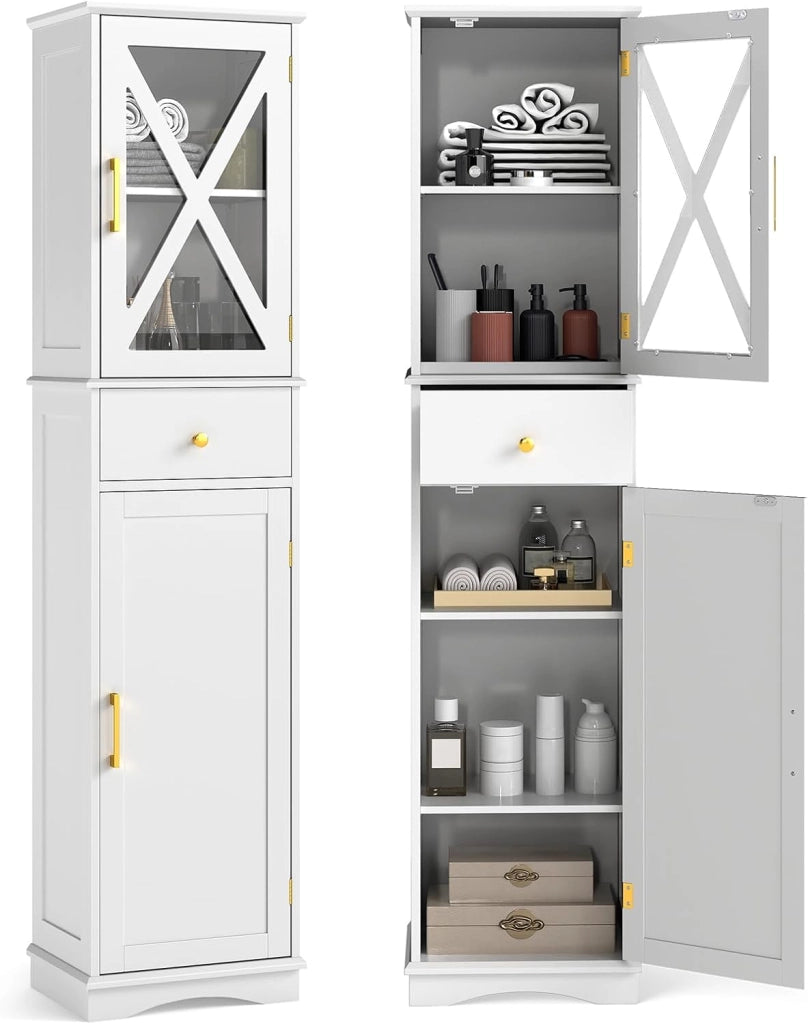 Armadietto da Bagno 40 x 30 x 168 cm, Colonna Bagno con Cassetto, 2 Ante e 3 Ripiani Regolabili, Mobiletto Salvaspazio per Cucina, Soggiorno e Ufficio (Bianco)