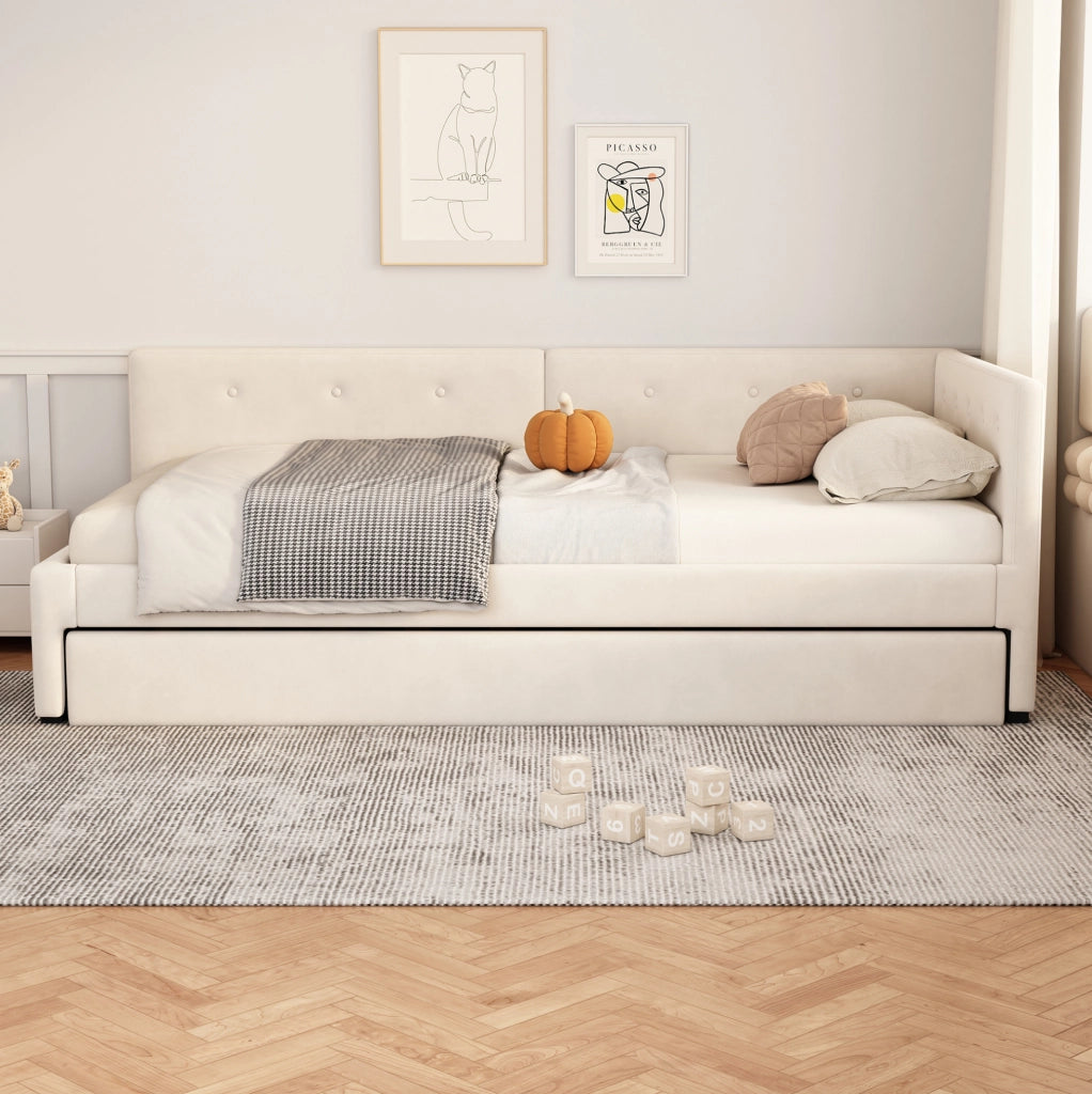 Letto singolo imbottito con letto estraibile 90x200 cm in velluto beige