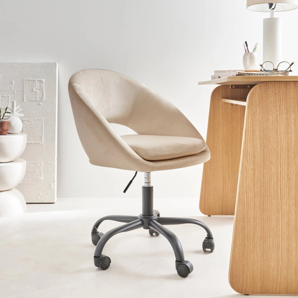 Sedia da ufficio con rotelle in velluto, bianco sporco