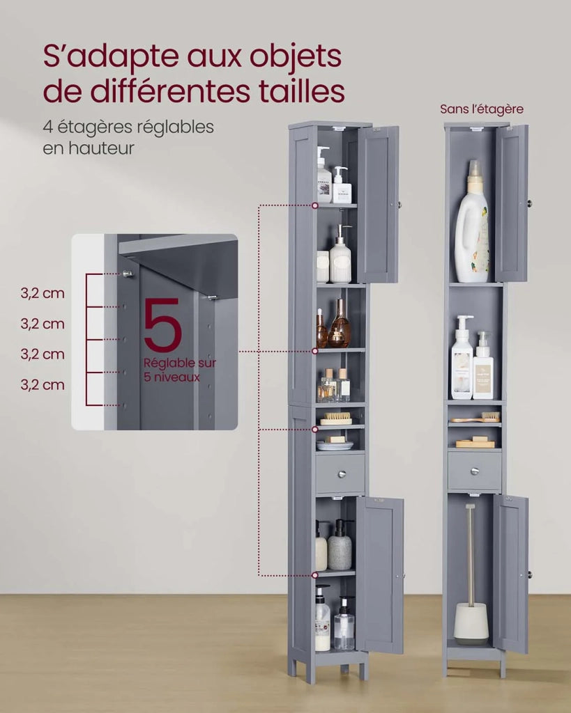 Mobiletto alto da bagno 195 x 214 x 180 cm stretto con ripiani regolabili cassetto e vani a giorno per piccoli spazi grigio moderno 12_0005197