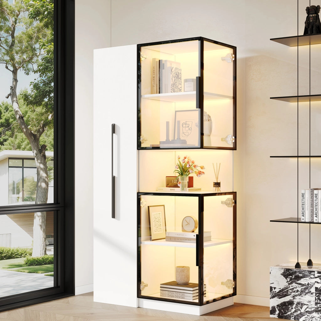 Vetrina alta in MDF e vetro 70×38×160 cm con ripiani estraibili, LED multicolore e protezione antiribaltamento, colore bianco