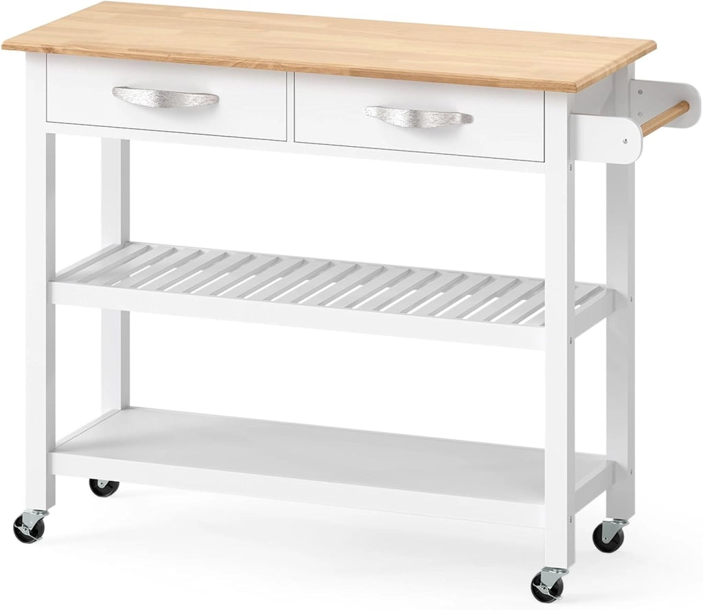 Carrello da cucina con ruote, mobile ausiliario da cucina a 3 livelli con piano di lavoro in legno di gomma, 2 cassetti e 2 ripiani, isola di stoccaggio mobile, sala da pranzo, bar, 116 x 43 x