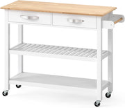 Carrello da cucina con ruote, mobile ausiliario da cucina a 3 livelli con piano di lavoro in legno di gomma, 2 cassetti e 2 ripiani, isola di stoccaggio mobile, sala da pranzo, bar, 116 x 43 x