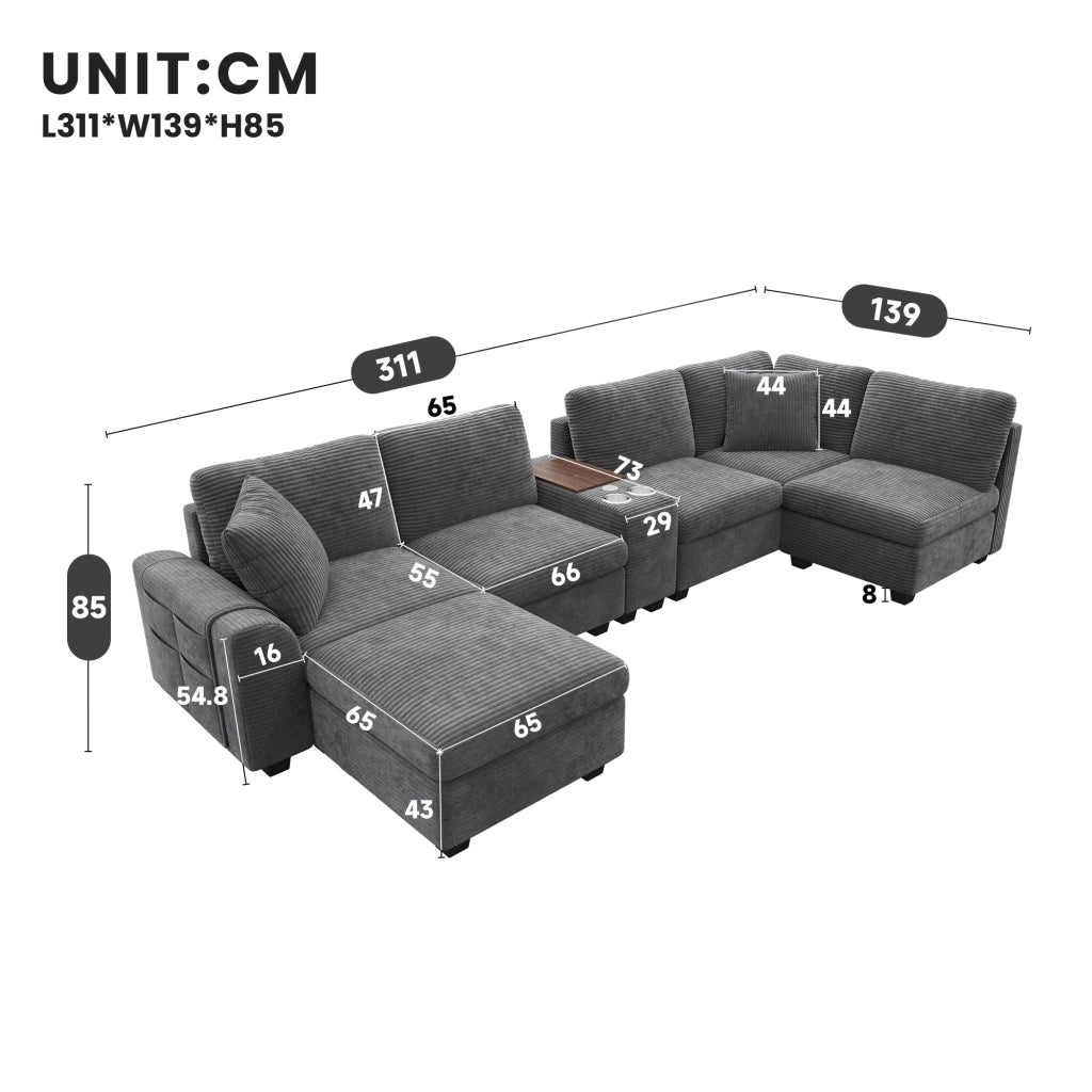 Divano angolare modulare 6 posti con ottomana contenitore console mobile e porte USB in corduroy grigio