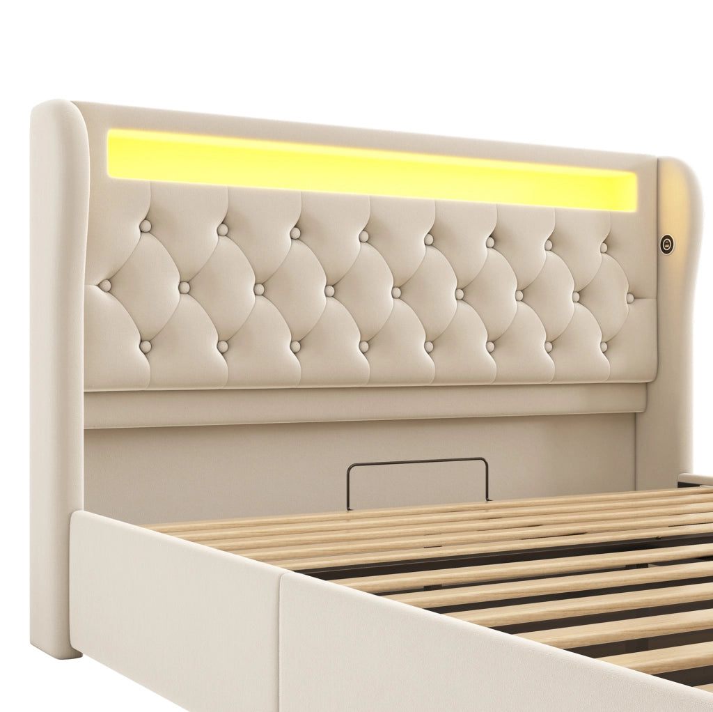 Letto matrimoniale imbottito 160x200 cm in velluto beige con LED; USB e Type-C
