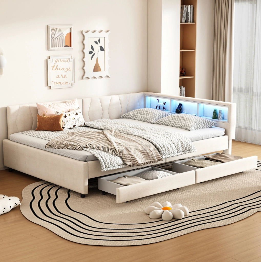 Letto daybed 140x200 cm beige con LED, USB-C e cassetti