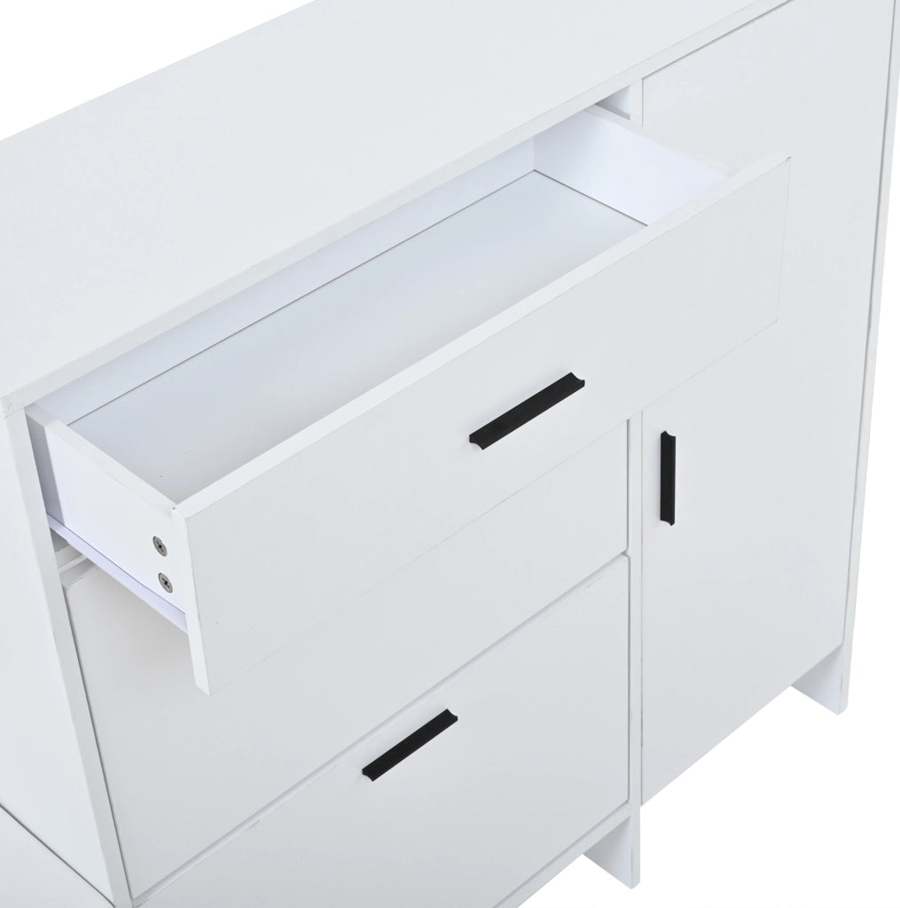 Guardaroba ingresso 140x30x200 cm con panca portascarpe; specchio e ganci in MDF bianco