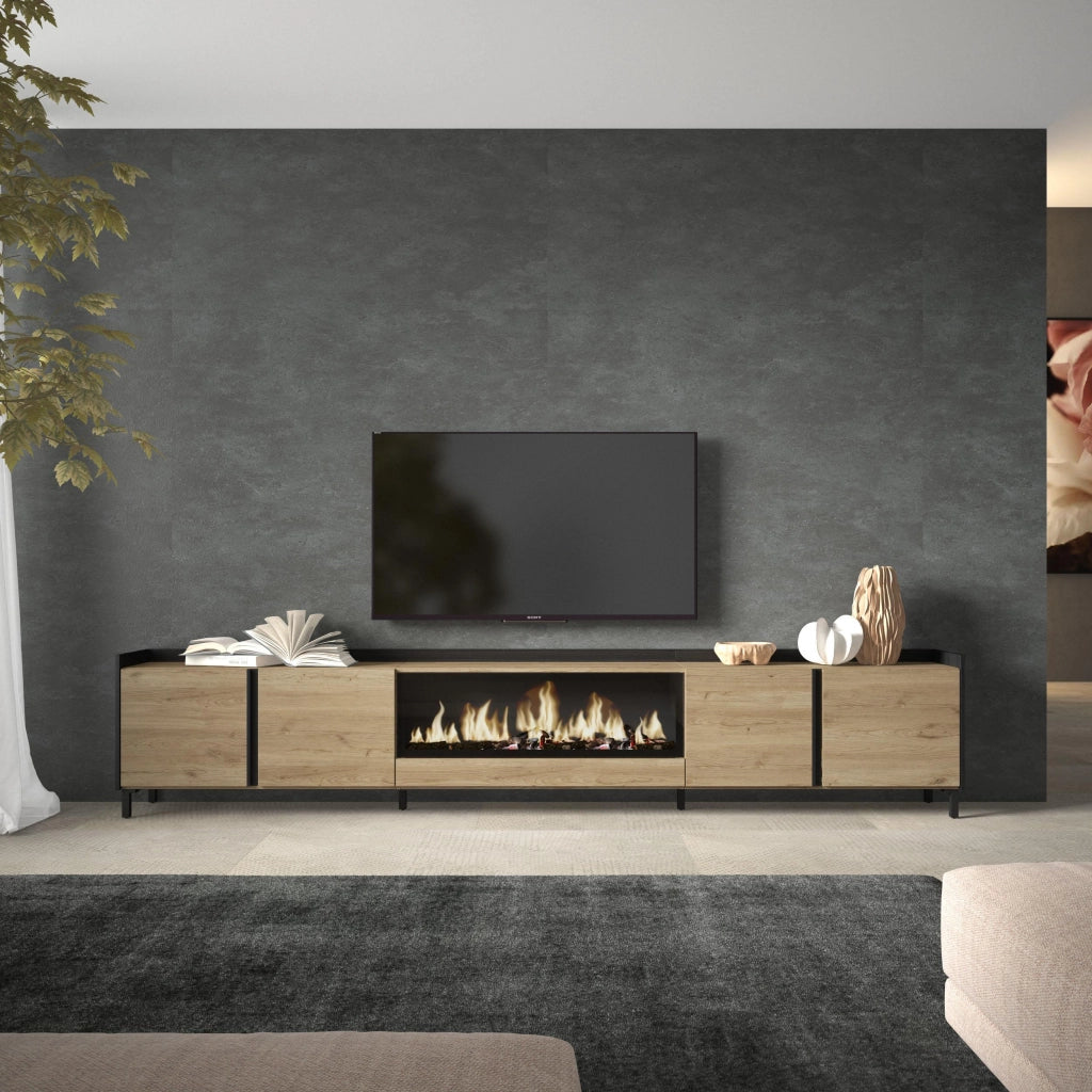 Mobile TV Soggiorno, 315x61x35 cm, Per TV fino a 80", Camino elettrico XXL, Design industriale, Rovere e nero
