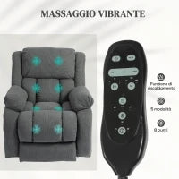 Poltrona Alzapersona Massaggiante e Reclinabile con 2 Tasche e Telecomando, 93x104x105 cm, Grigio