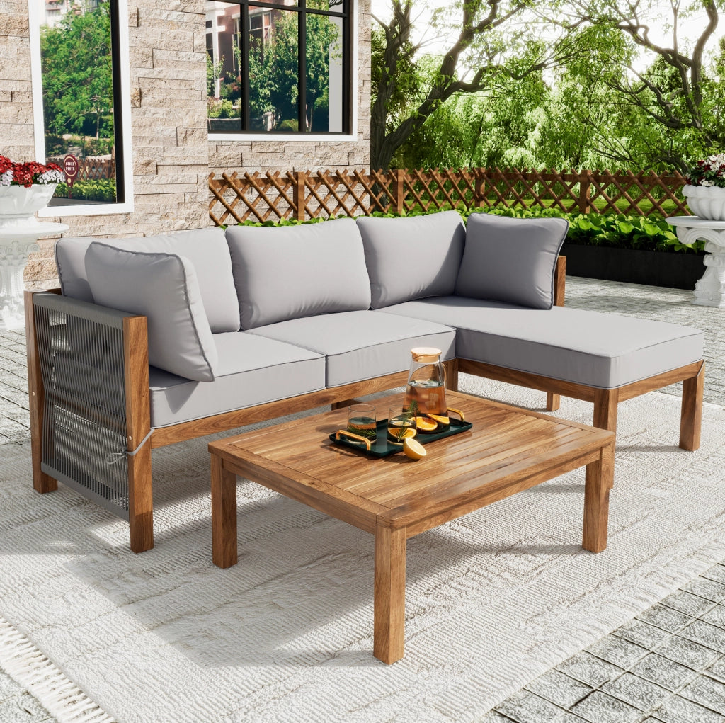 Set salotto da giardino 175x58x80 cm; intreccio a mano con cuscini sfoderabili; legno grigio