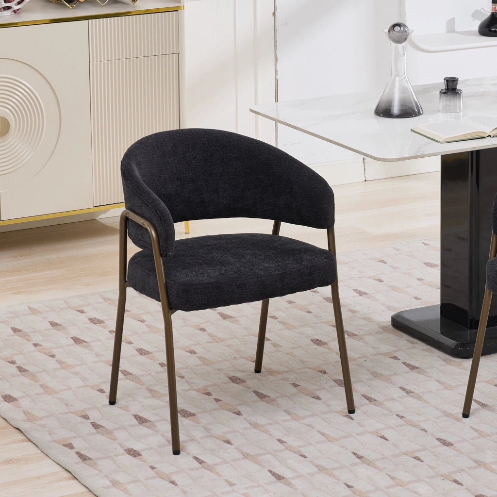 Sedia da Pranzo Imbottita con Braccioli ¨C MINIMAL ¨C Velluto Chenille Nero, Gambe in Metallo Ottone