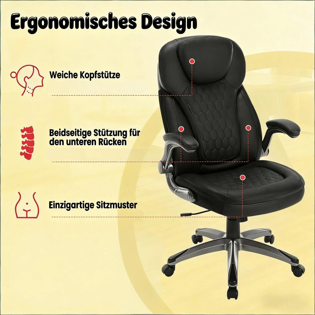 Sedia da ufficio Sedia direzionale con altezza regolabile 9,5 cm e braccioli pieghevoli in PU, rete, metallo e nylon, Nero