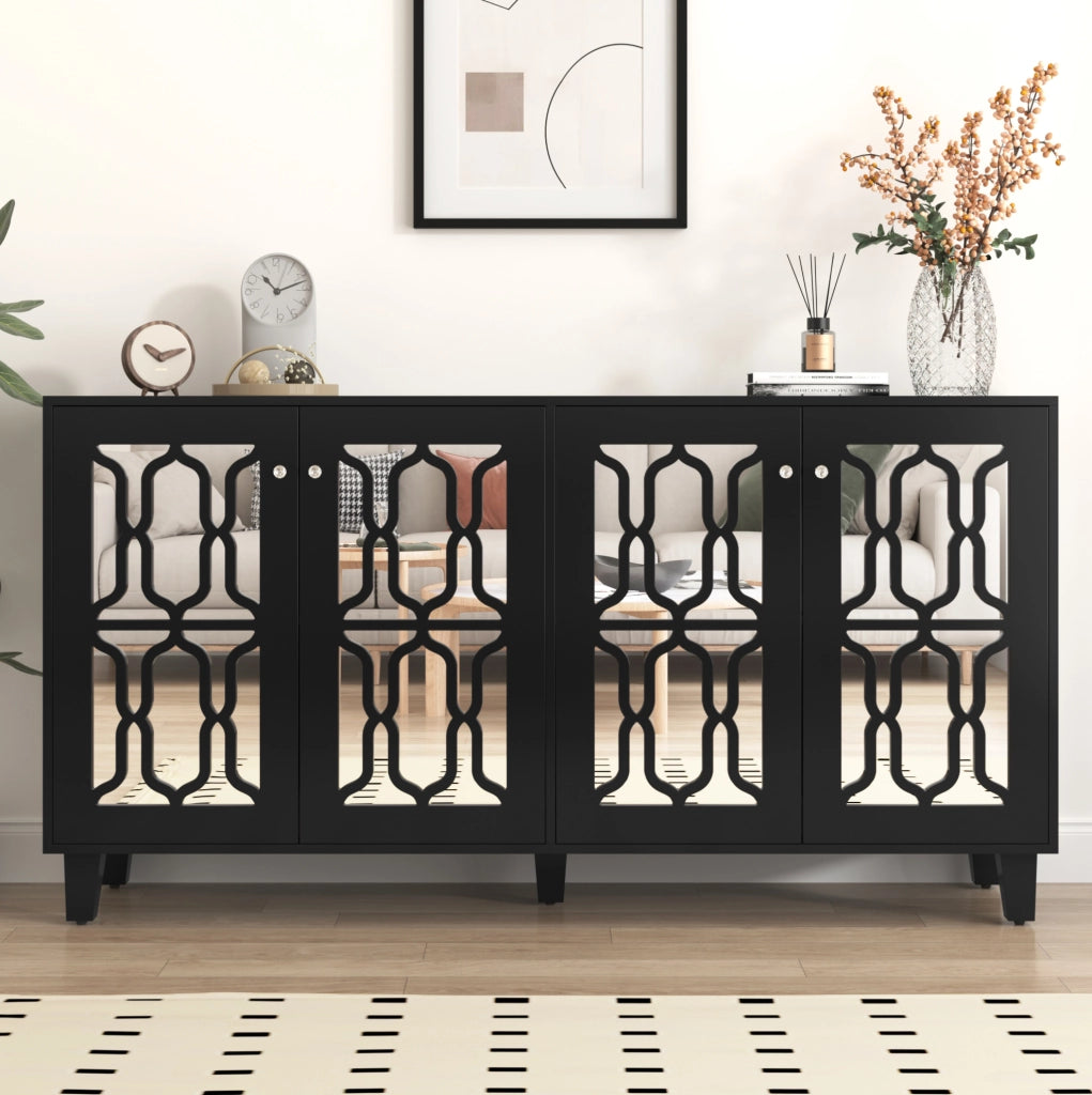 Credenza 160x40x84 cm con 4 ante; ripiani interni mobili; MDF nero
