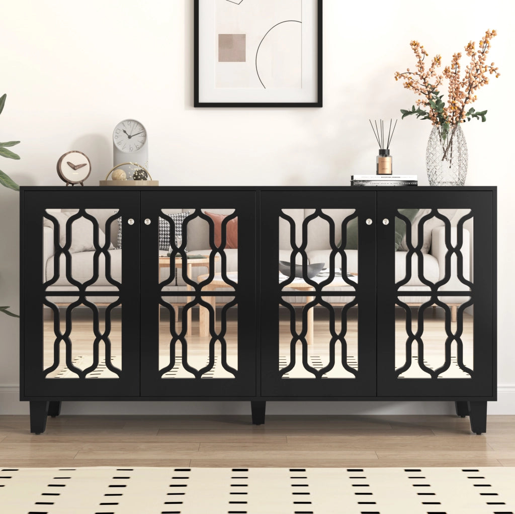 Credenza 160x40x84 cm con 4 ante; ripiani interni mobili; MDF nero