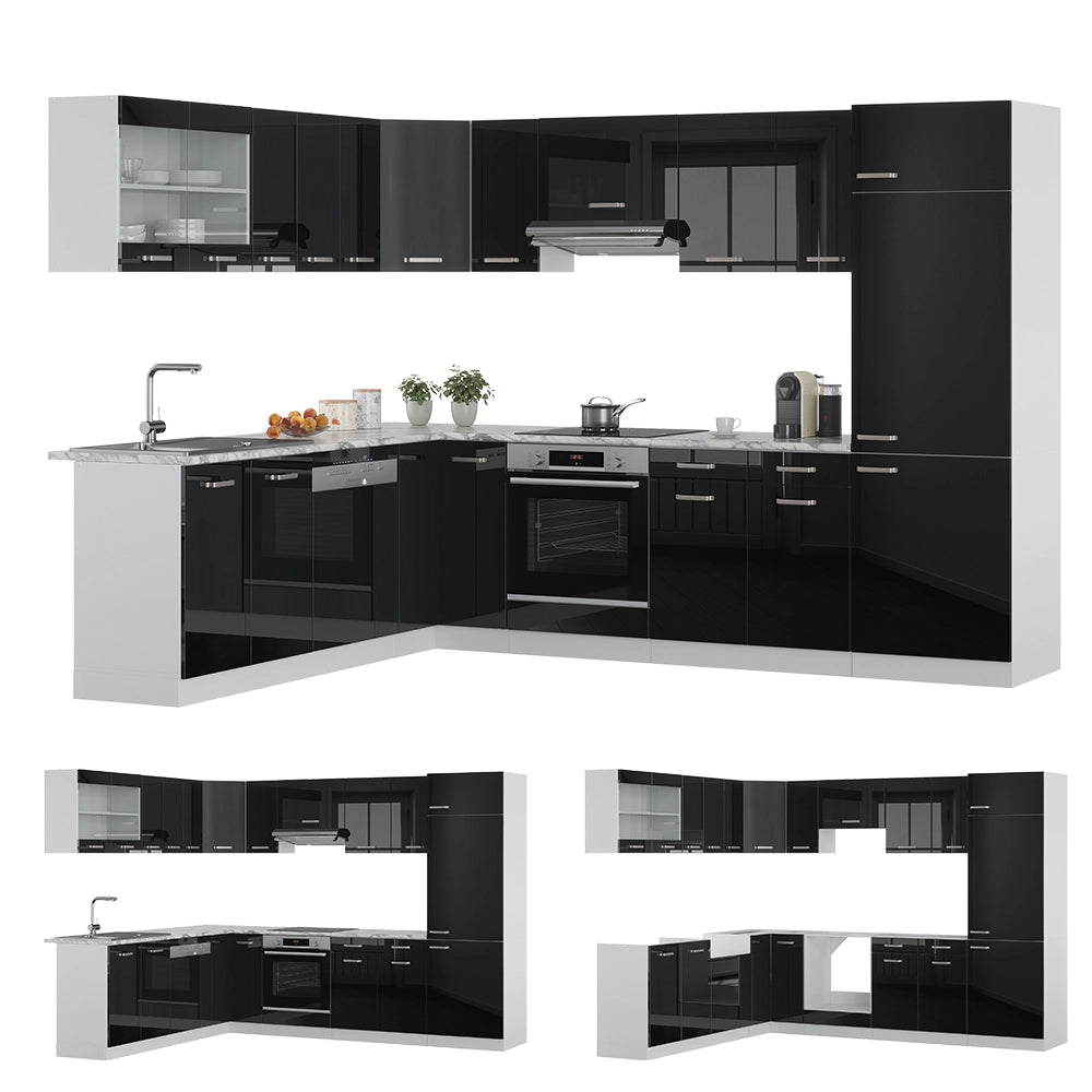 Vicco Cucina angolare completa Nero lucido 227 x 287 cm senza piano di lavoro