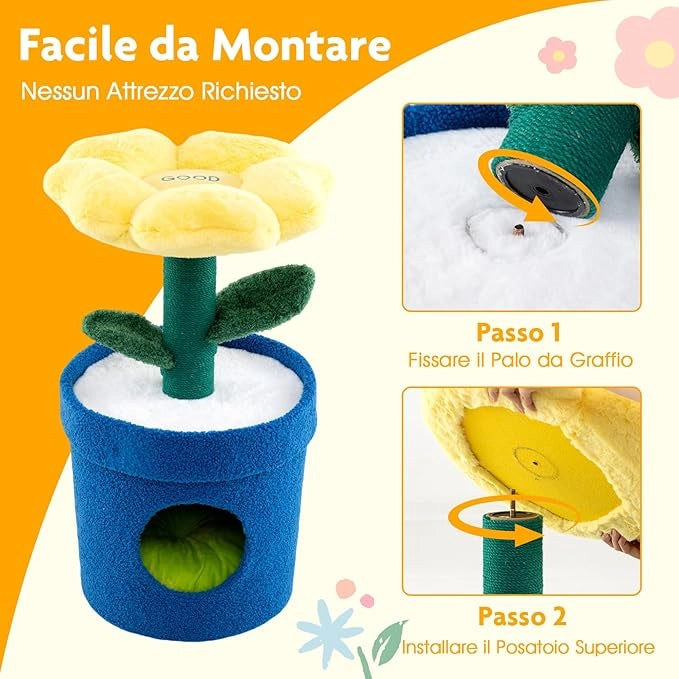 Albero per Gatti con Posatoio a Forma di Fiore, Condominio a Forma di Vaso, Tiragraffi a Forma di Stelo, Foglie Flessibili, Centro di Attività Versatile per Animali Domestici (Giallo)