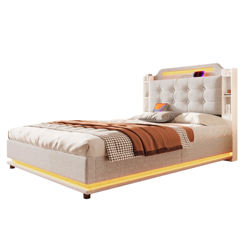 Letto Imbottito Contenitore 140x200 con LED ¨C MINIMAL ¨C Tessuto Beige, USB, Idraulico