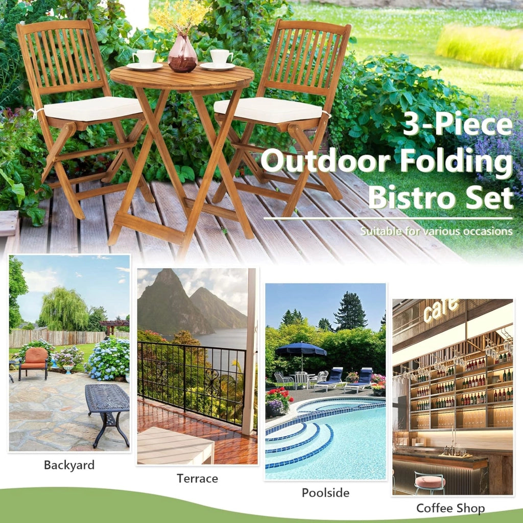 Set di Tavolo e 2 Sedie Pieghevoli in Legno d'Acacia con 2 Cuscini Imbottiti Removibili, Per Esterno, Patio, Giardino e Balcone (Beige)