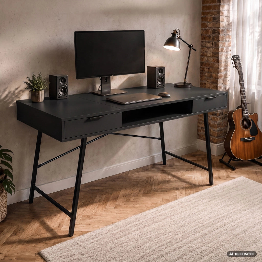 Scrivania industriale per computer Nera ARDEN 120 cm 2 cassetti 1 ripiano gambe nere
