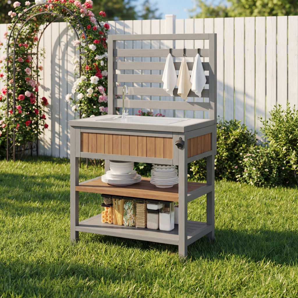 Armadio da Giardino con Lavello e Rubinetto; Apribottiglie Integrato; Ripiani e Ganci; in Legno Massello Naturale 80 x 51 x 148;5 cm
