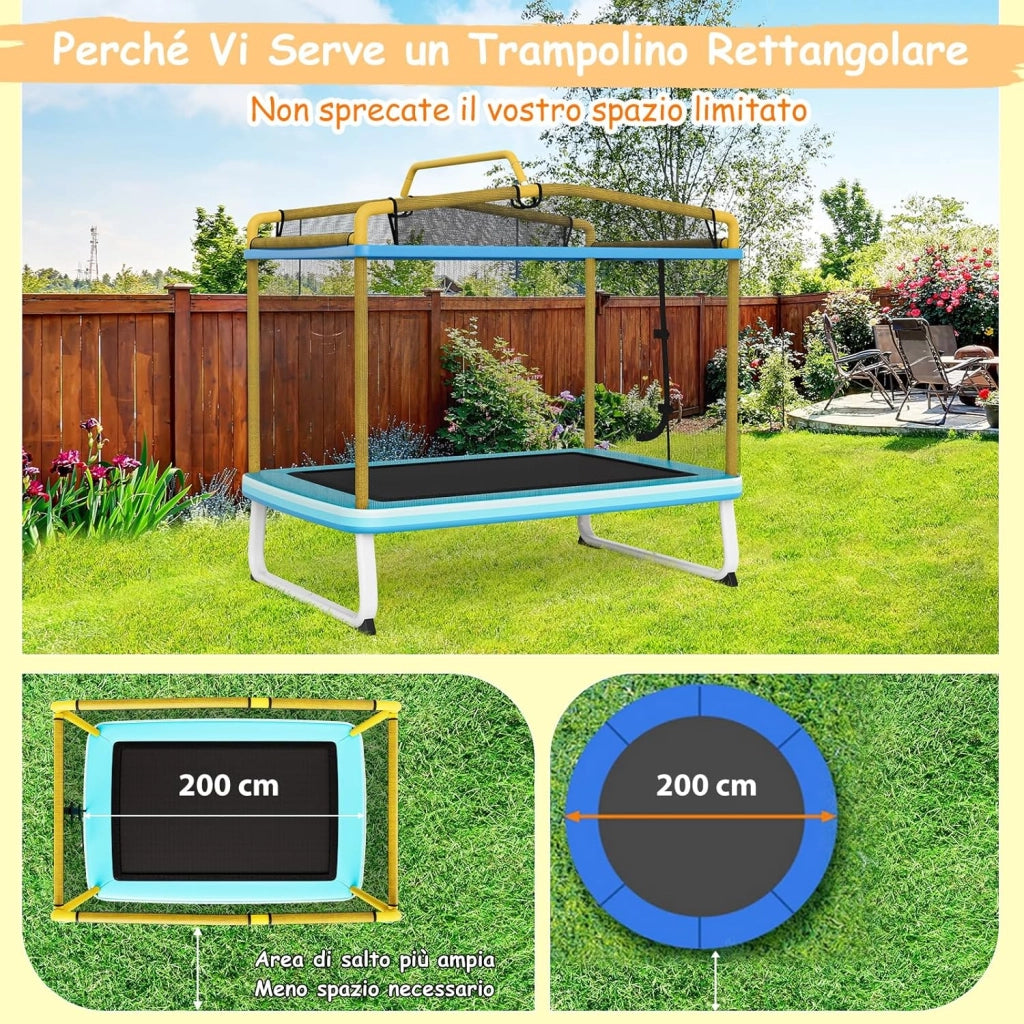 Trampolino Rettangolare per Bambini 3-in-1 190 x 124 cm, Tappetto Elastico per Bambini da Esterno ed Interno con Rete, Altalena, Barra, Copertura e Design senza Fessure