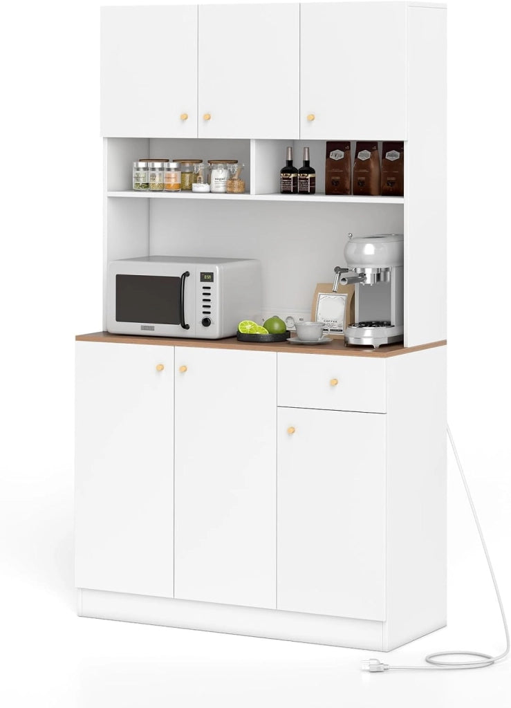 Armadio Alto da Cucina con Prese Elettriche, Supporto per Forno a Microonde e Ripiani Regolabili, Armadio Buffet Autoportante con Ante e Cassetto, Bianco (Bianco)
