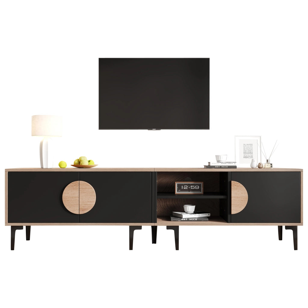Mobile TV basso - Zephmum- 180x35x49cm, 2 ante, scaffali aperti, colore legno e nero, adatto per TV 80 pollici