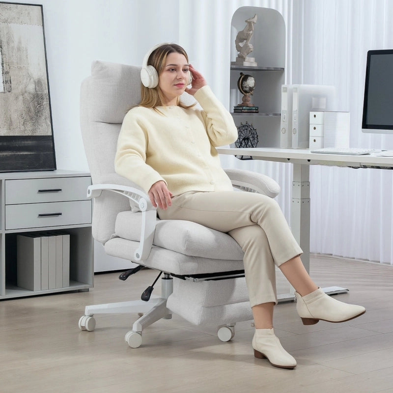 Sedia da ufficio ergonomica reclinabile con poggiapiedi e altezza regolabile in poliestere crema bianco