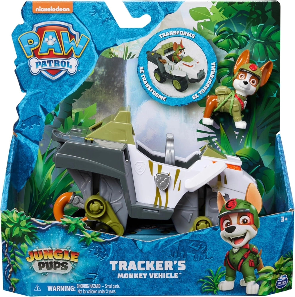 PAW Patrol Jungle Pups, Veicolo Scimmia di Tracker, veicolo giocattolo con personaggio Tracker da collezione,SPin Mster,