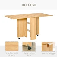 Tavolo da Pranzo Pieghevole, Tavolo a Ribalta per 4-6 Persone, Tavolo da Cucina Salvaspazio Moderno con 2 Ripiani e 2 Ruote, in Legno, 140x80x74 cm, Color Legno