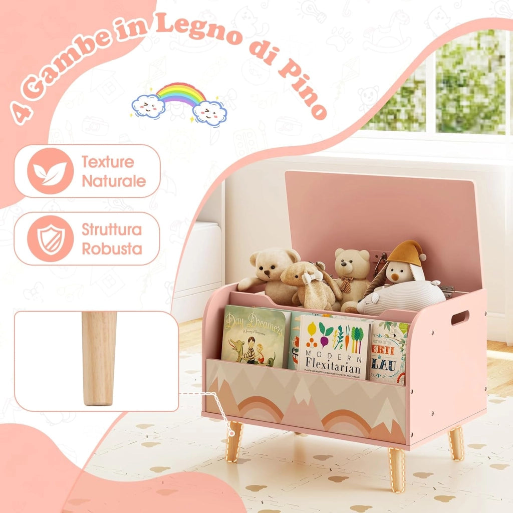 Cassapanca Portaoggetti per Bambini, con Libreria, Organizer per Giocattoli con 4 Gambe in Legno Massello e Coperchio Ribaltabile, per Sala Giochi e Asilo, 60x40x43 cm (Rosa)