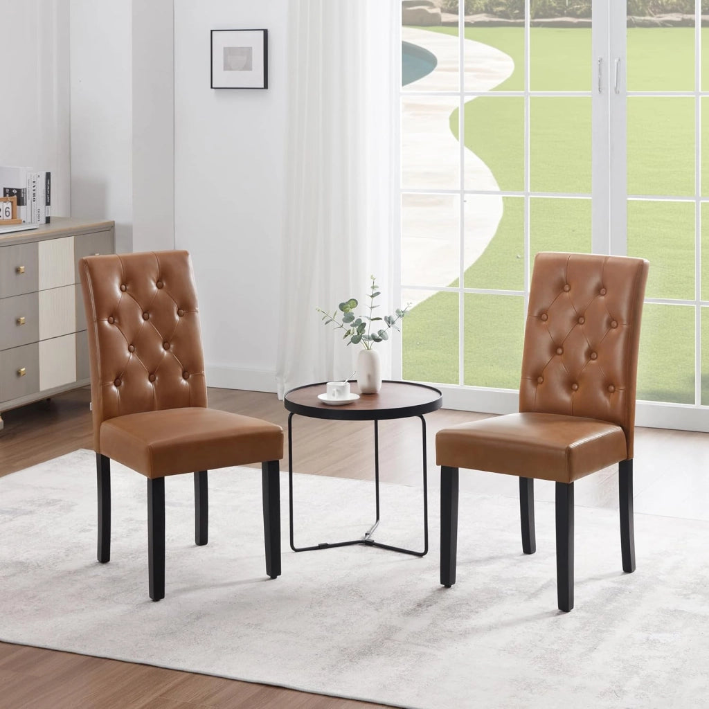 Sedia Sala da Pranzo da 2 Pezzi, Sedie da Cucina con Schienale Alto, Sedia Imbottita per Camera da Letto, Soggiorno, Gambe in Legno e Sedile in Similpelle, Marrone, EZS20br-2