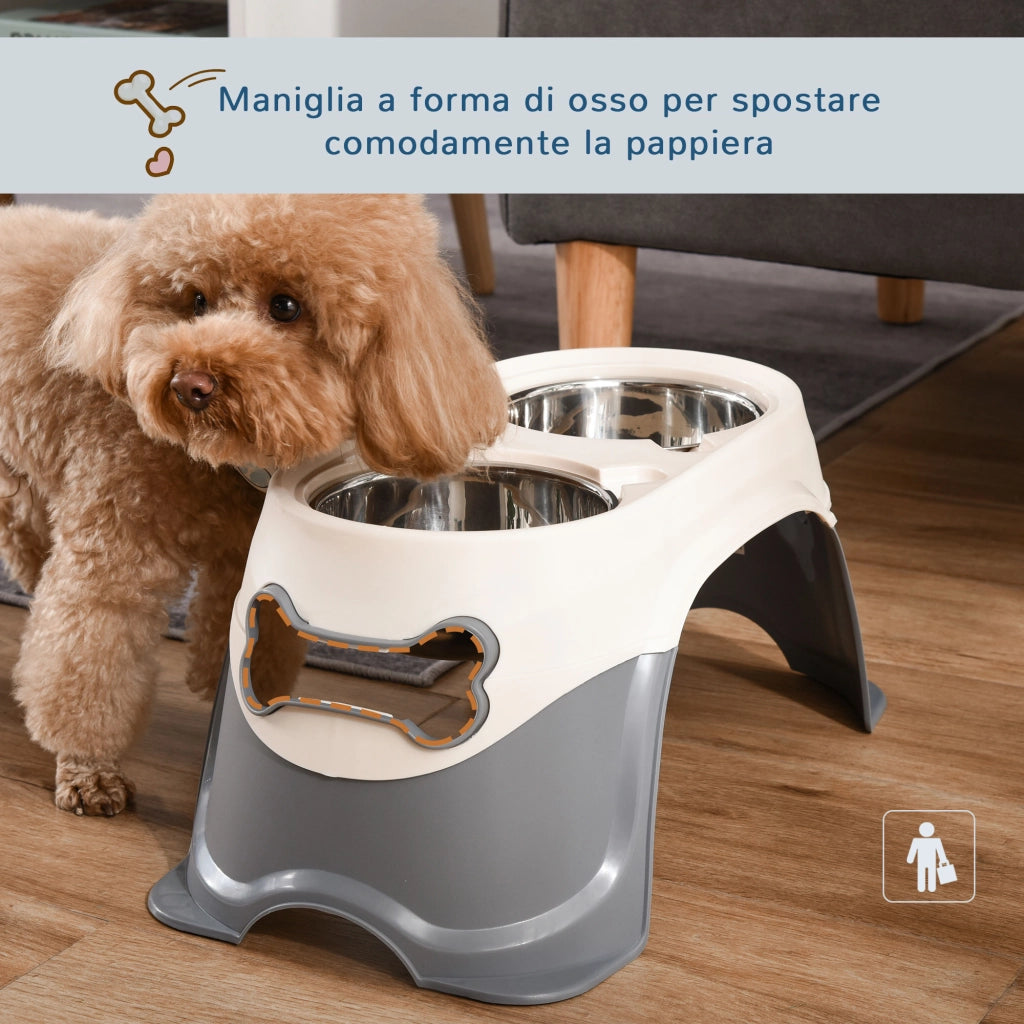 Ciotola per Cani Doppia Rialzata ¨C zephmum ¨C Acciaio Inox e Plastica Bianco Grigio 47x25x20cm