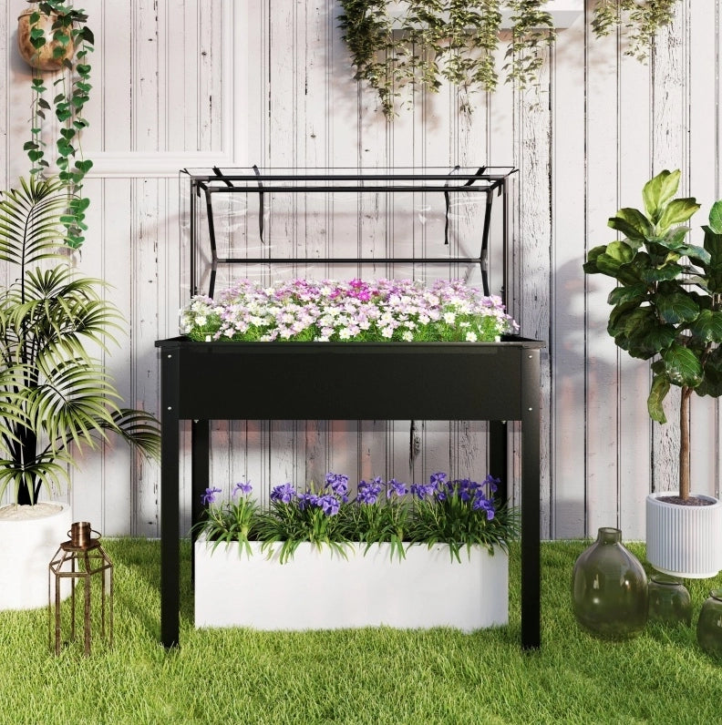 Orto rialzato con tetto serra, cassetta per piante 100x48x124 cm, nero