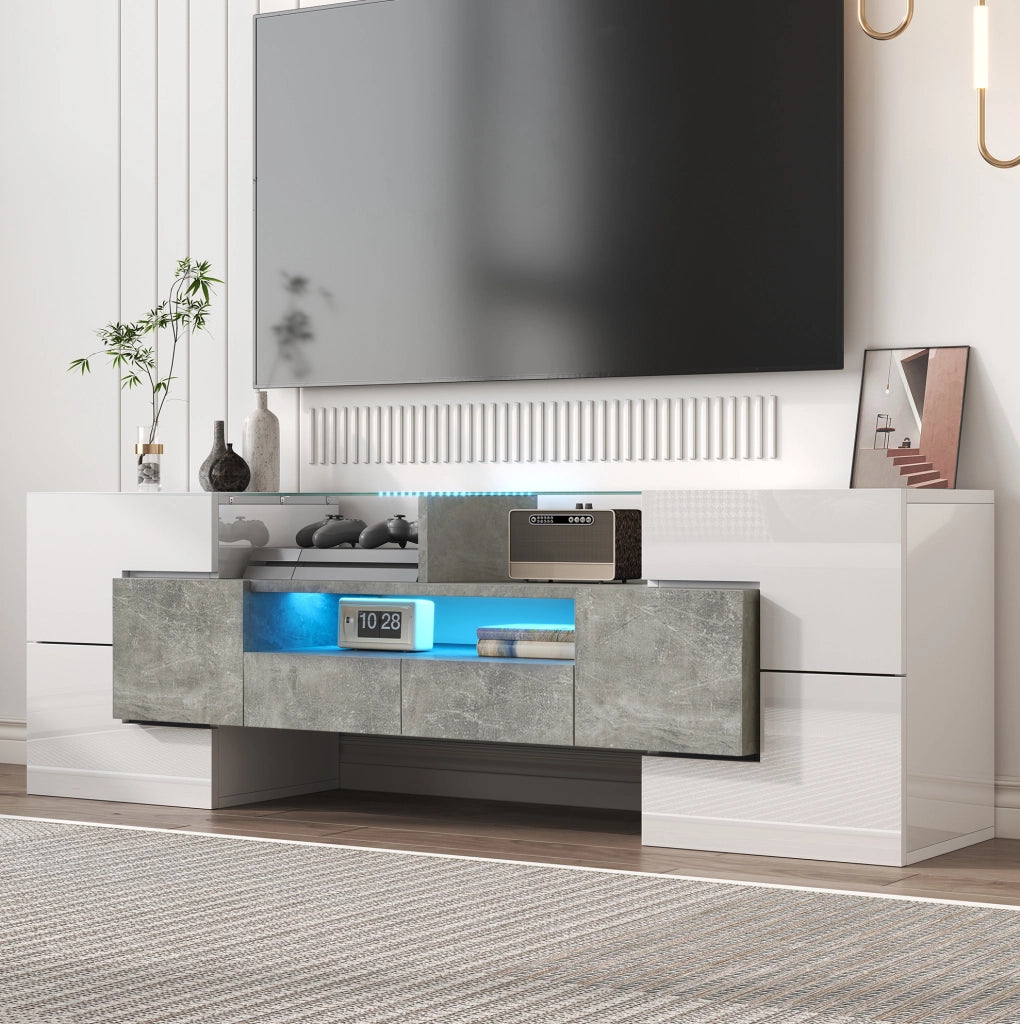 Mobile TV 145x30x51 cm con LED multicolore; 6 ante e 2 cassetti; bianco