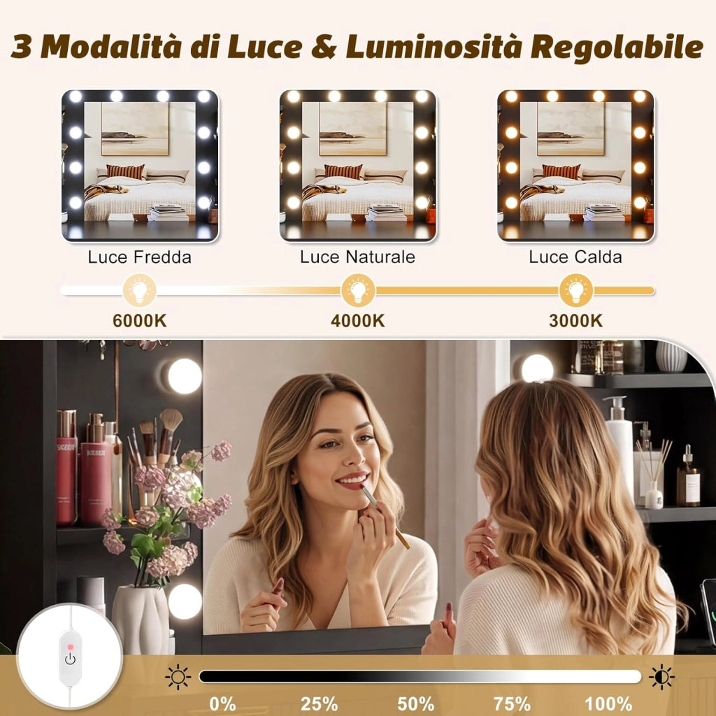 Mobile da Trucco Moderno con Illuminazione e Presa - Grande Comodino con Specchio, 9 Cassetti e Porta Phon, Tavolo Vanity per il Make-up (Nero)