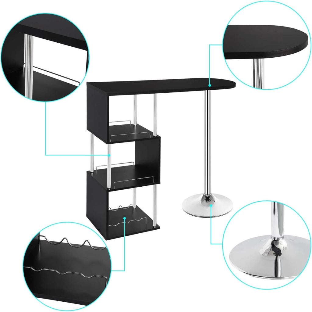 Tavolo da Bar con 3 Ripiani con Portabottiglie Vino, Bancone per Cucina in Metallo & MDF, Tavolo Alto per Home Bar, Cucina, 113 x 40 x 105 cm, Nero
