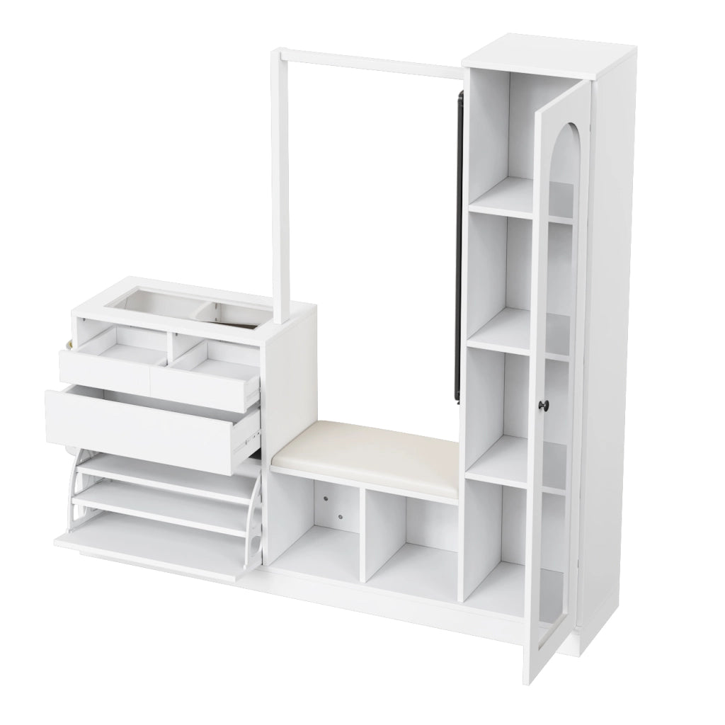 Mobile Ingresso 6 in 1 con Vetrina; Toeletta; Panca Portascarpe; Scarpiera Ribaltabile; Specchio Girevole e LED; Bianco