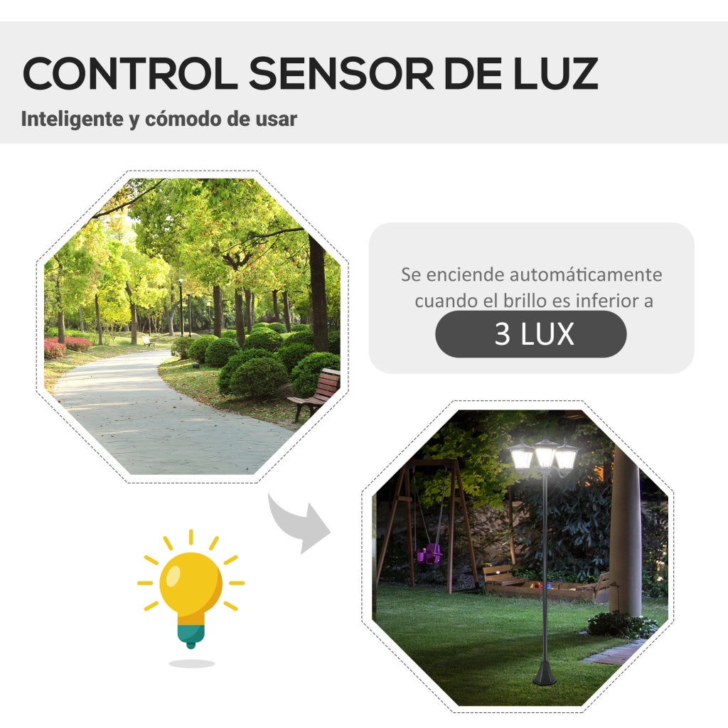 Lampada da Giardino Solare 3 Luci LED IP44 Sensore Notturno ¨C zephmum ¨C 51.5x47x182.5cm Nero