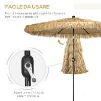 Ombrellone da Giardino Rotondo con Copertura in Paglia e Manovella, Ø265x250cm, Cachi