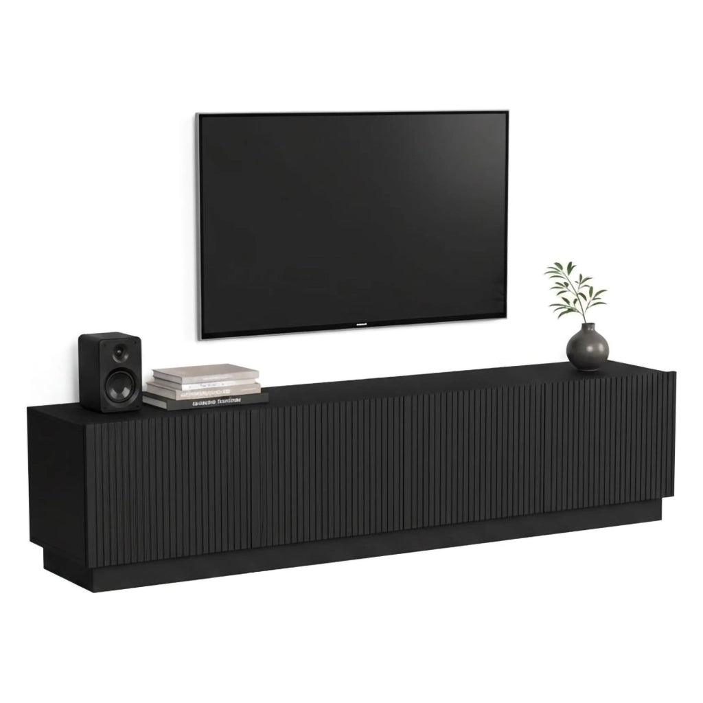 Mobile porta TV Macherio, Madia da salotto con quattro ante battenti, Design minimal e moderno, 200x40 h48 cm, Nero
